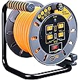 Masterplug 50ft Cord Reel, Retractable Extension Lead with Winding Handle, Safety Overload Circuit Breaker and Power Switch, 4x Grounded Outlets, 2x USB Ports, 15amps, 12AWG Cable