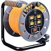 Masterplug 50ft Cord Reel, Retractable Extension Lead with Winding Handle, Safety Overload Circuit Breaker and Power Switch, 4x Grounded Outlets, 2x USB Ports, 15amps, 12AWG Cable