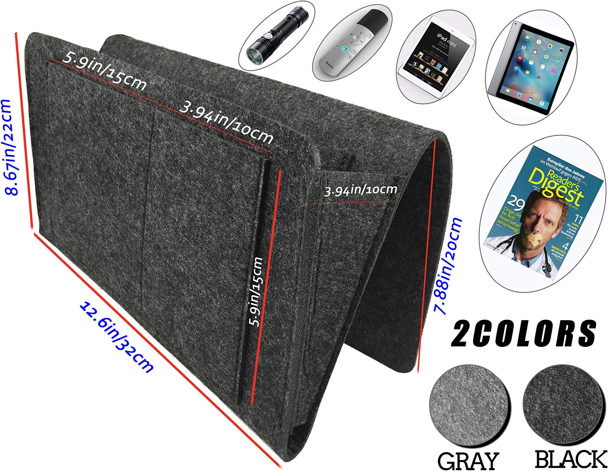 uno2019 Bedside Caddy, Sofa Felt, Double-Layer Felt, Bedside Pocket, Bedside Storage Box, Table Cabinet Hanging Storage Box, for Magazine, Kindle Mattress Cover, Ipad, Tablet, Gray