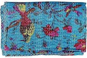 Rajasthaniartdecor Indian Reversible Kantha Quilt for Living Dorm Room Bed Cover Handmade Stitched Pure Cotton Bird Print Bedspread Kantha Quilt (Turquoise, Twin (60x90 Inch)), RAD00V-9