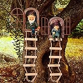 Thyle 4 Pieces Garden Gnomes Outdoor Tree Hugger Gnome Fairy Statue Elf Out The Door Resin Figurine Hanging Ladder Decoration Tree Faces Decor Outdoor for Patio Yard Lawn(Rustic Style)