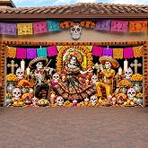 HOMETITUTE Day of the Dead Garage Door Cover 16x7ft Sugar Skull Decor | Day of the Dead festival design, sugar skulls, skeleton artwork, polyester garage door cover for outdoor decor