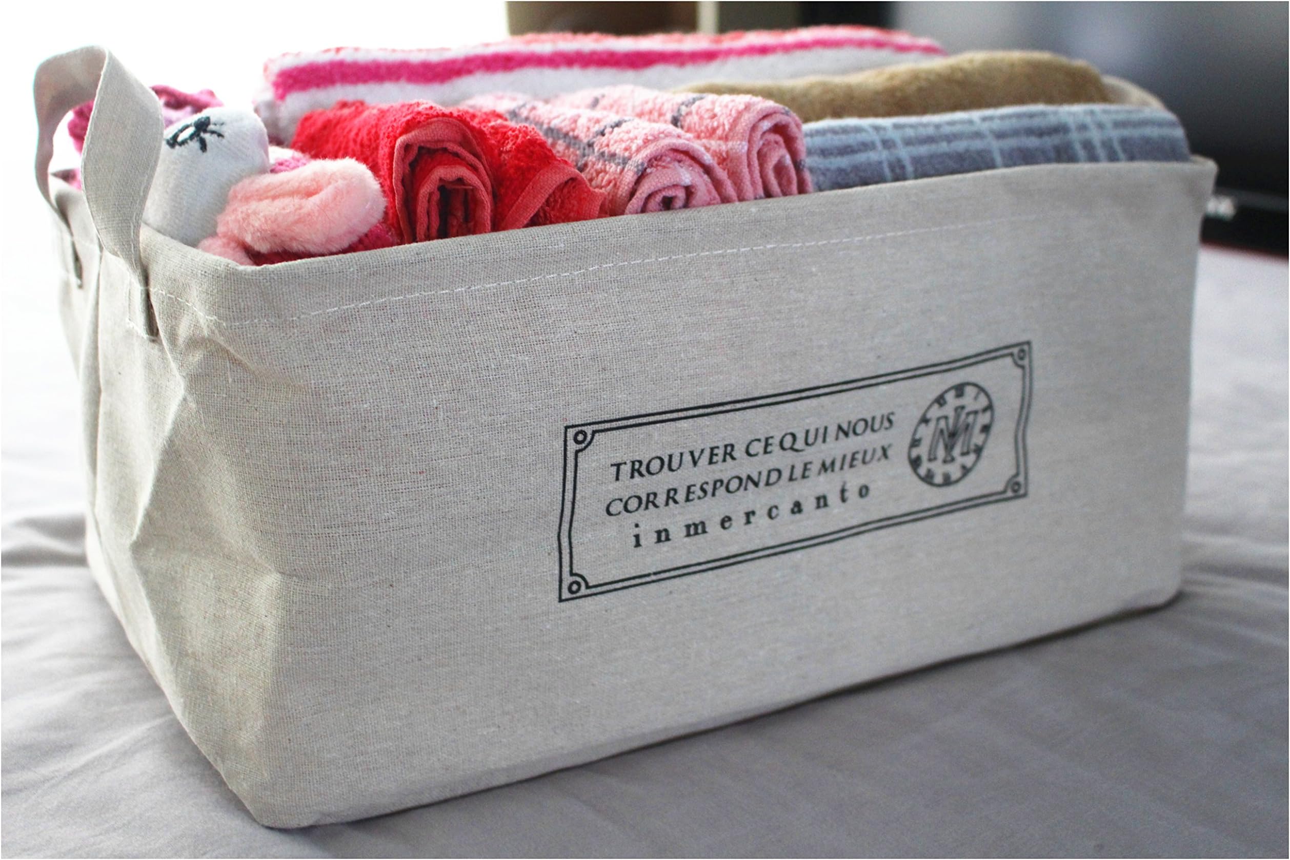 Storage Basket Organizer Bin Cube with Handles Large Canvas Fabric Cotton Linen Collapsible (14.57 x 9.45 x 6.69inch) (ASAPS)