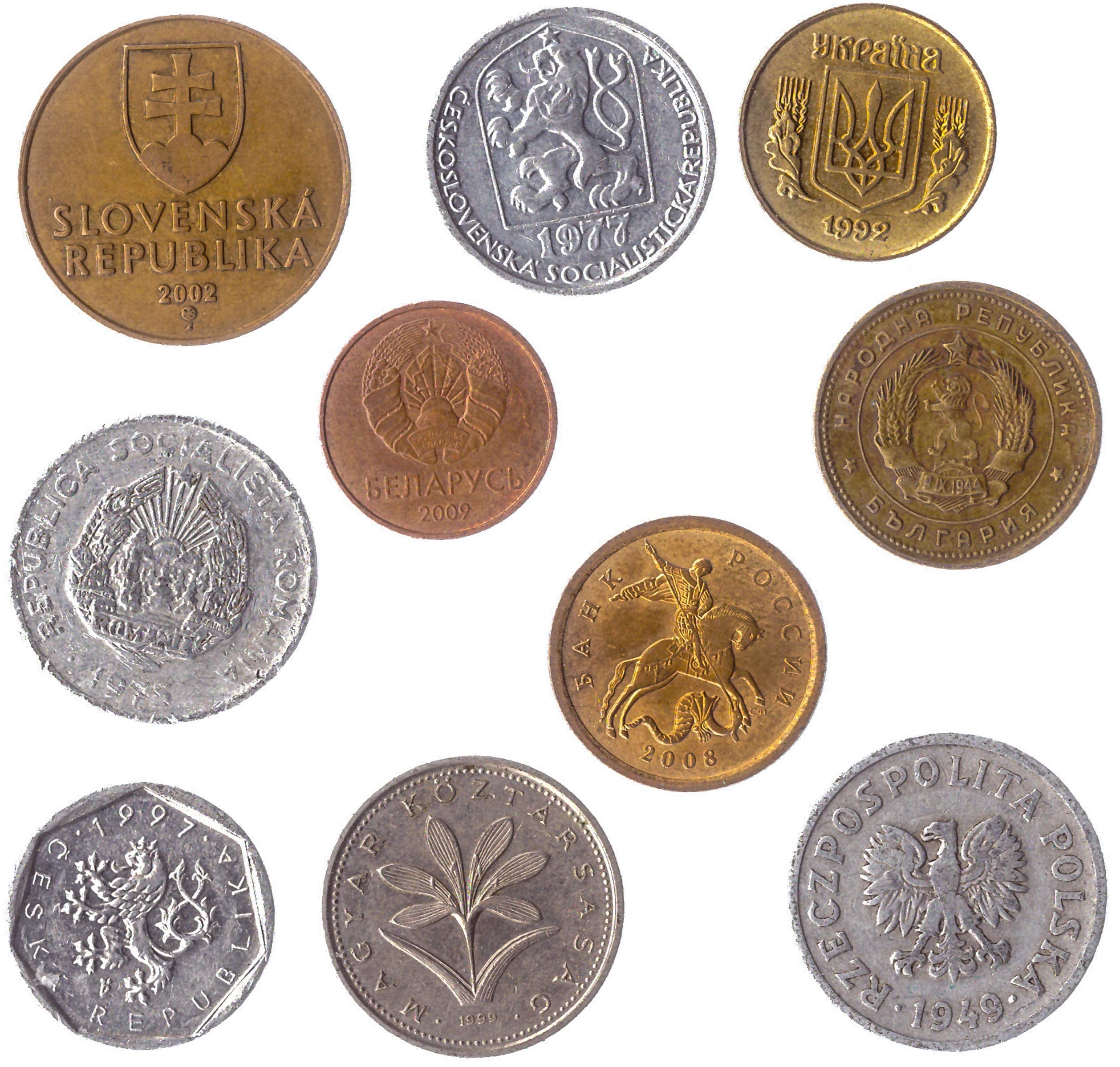 10 Different Coins Picked from These Eastern European Countries: Belarus, Bulgaria, Czech Republic, Czechoslovakia, Hungary, Poland, Romania, Russia, Romania, Slovakia, Ukraine.