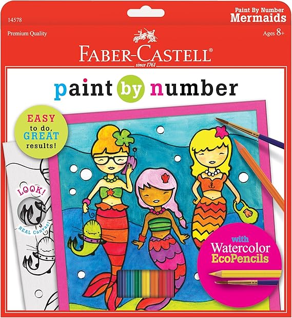 FaberCastell Paint By Number Kit 9"X9"Mermaids W/Watercolor Pencils