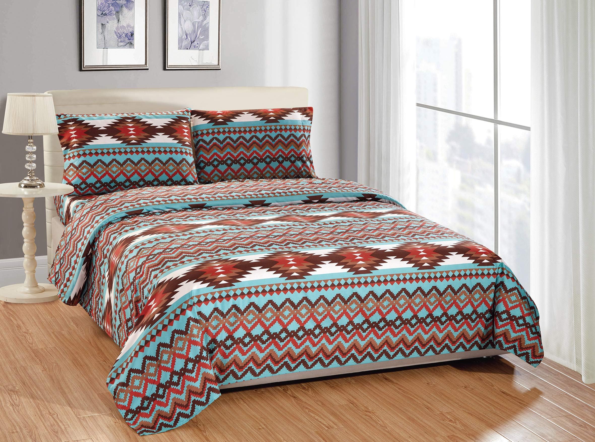 Rustic Southwestern Western Bedsheets Set with Navajo Tribal Native American Patterns in Turquoise Blue and Brown – Utah Bed Sheet Set (Cal-King, Turquoise)