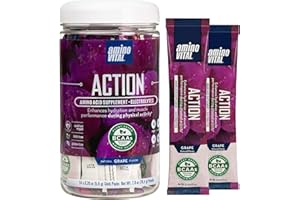 Amino Vital Action- BCAA Amino Acids Pre Workout Packets with Electrolytes for Energy | No Caffeine, Keto, Vegan Supplement | 14 Single Serve | Grape