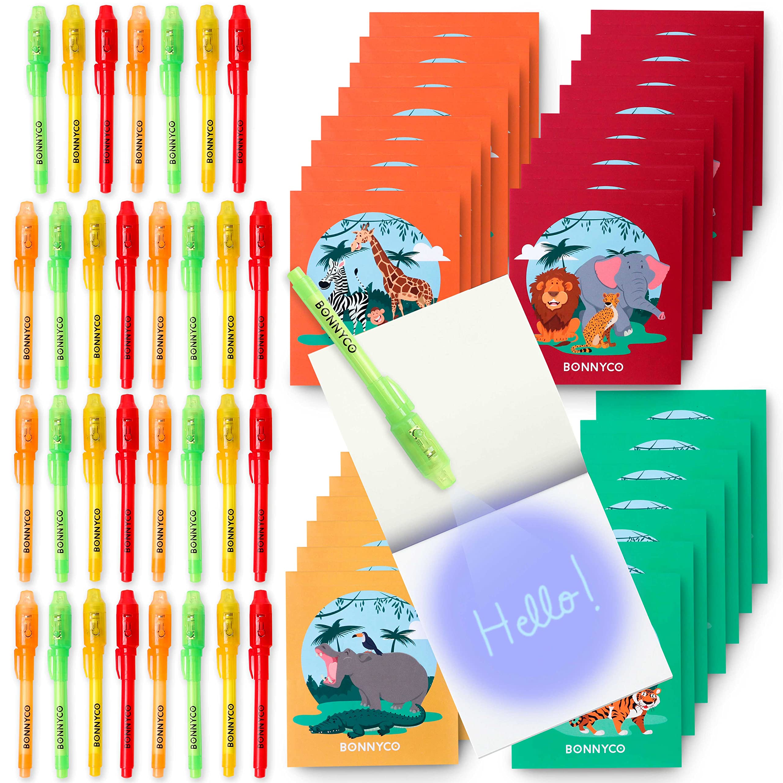 BONNYCO Invisible Ink Pen and Notebook, Pack 32 Jungle Animals Party Bags Filler and Pinata Toys. Jungle Birthday Decorations, Stocking Fillers for Kids Birthday. School Prizes, Gifts for Children — image 1