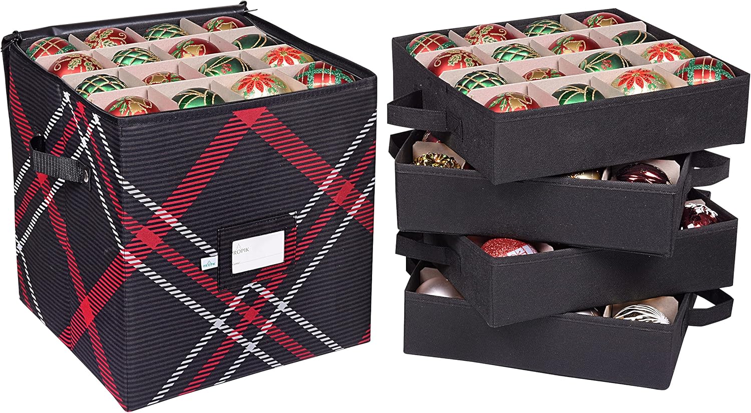 Holiday Décor Storage - ProPik Christmas Ornament Storage Box, 4 Tier Holds Up to 64 Holiday Ornaments Decoration Balls, Plaid Storage Container with Dividers for 3” Bulbs, Made with Durable Oxford Polyester Material (Ornament storage box)
