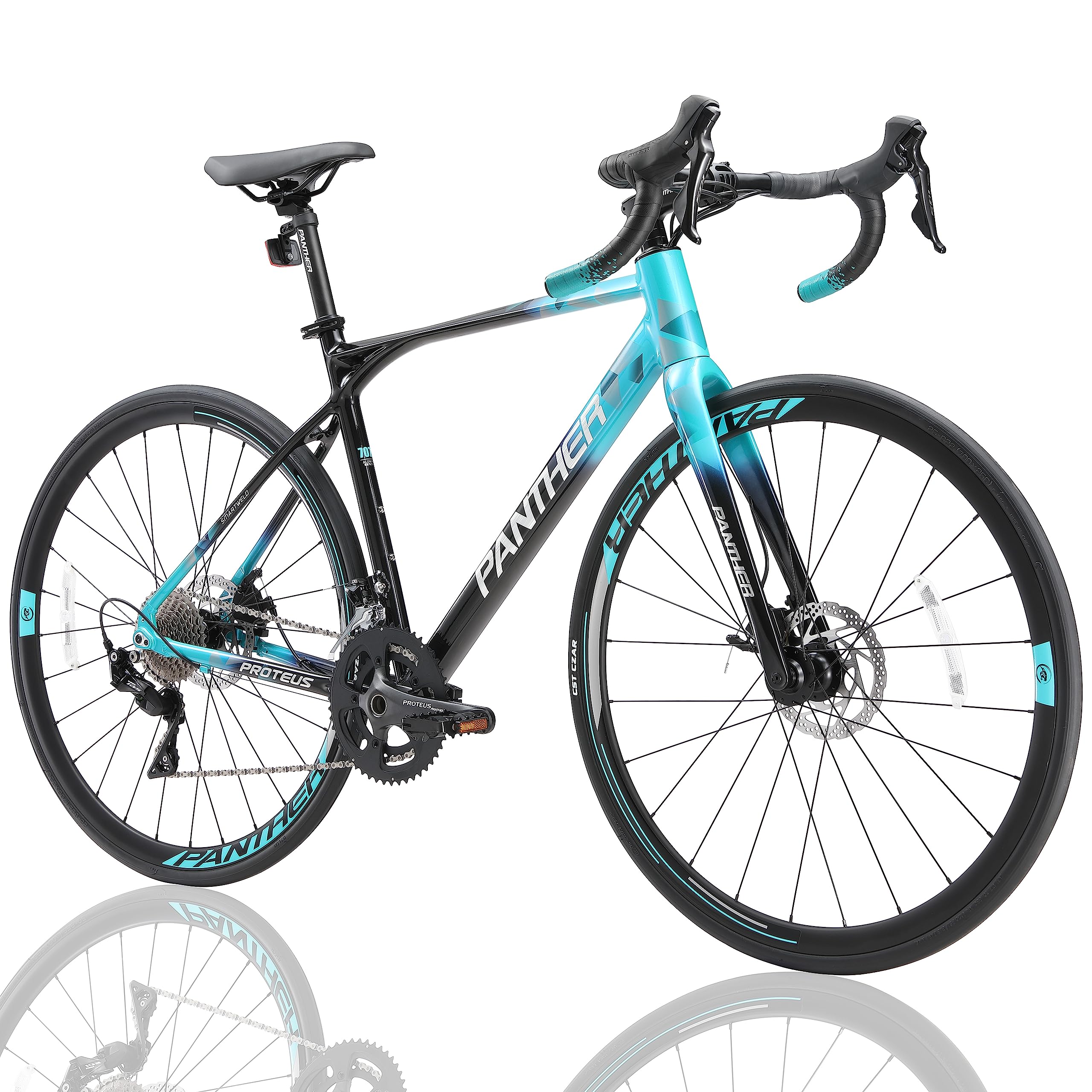 PANTHER (パンサー) スポーツバイク Proteusシリーズ STIデュアルコントロールレバー 105搭載 22段変速 超軽量異型オールアルミフレーム フルカーボンフォーク 700Cレーシング軽量タイヤ 前後車輪スルーアクスル方式 油圧ワイヤー式ディスクブレーキ ドロップハンドル コスパ最強ニューロングライドモデル (500mm(L), Sky Blue)商品画像
