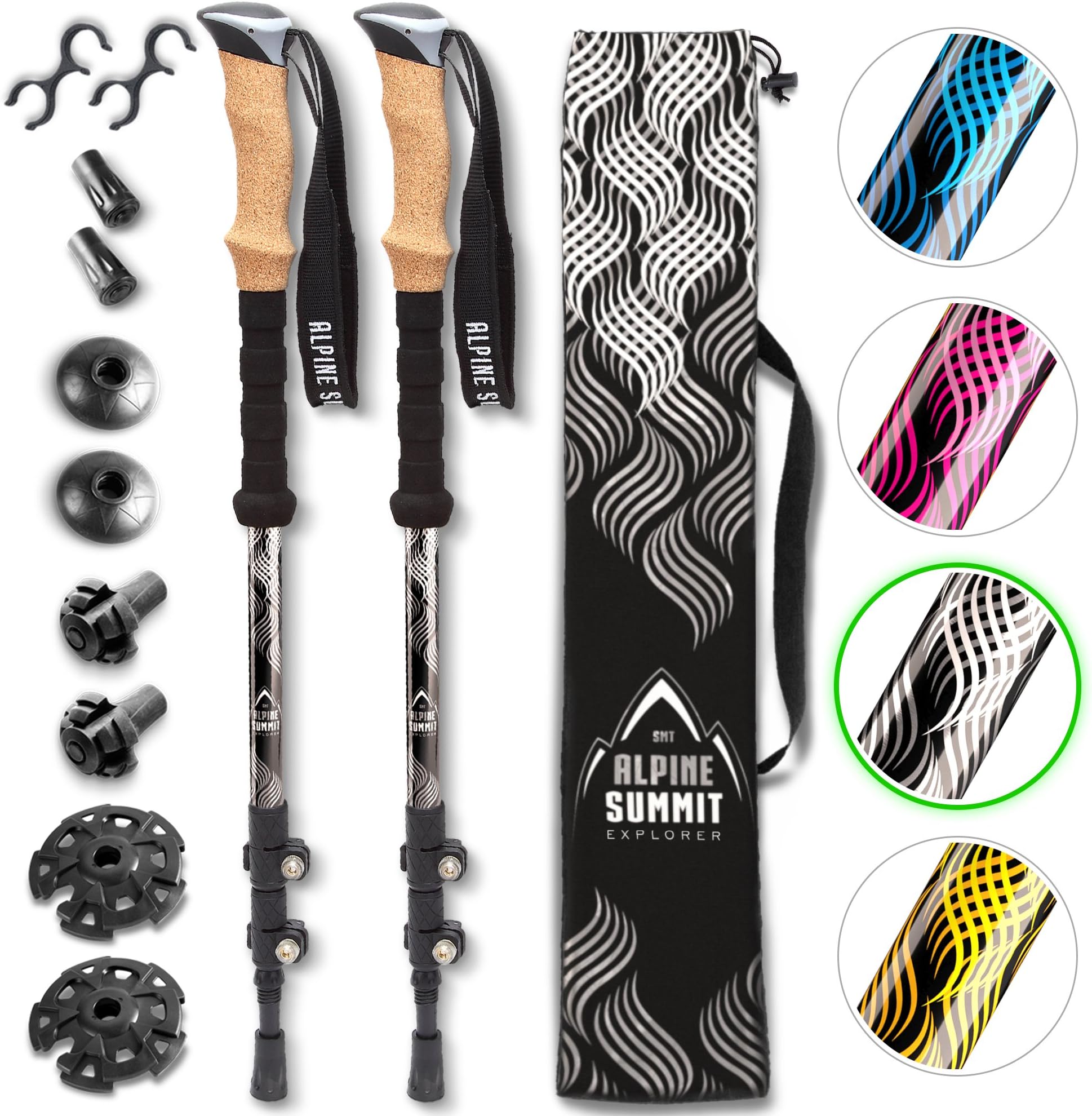 Alpine Summit Trekking Poles - 2-pc Pack Adjustable Hiking or Walking Sticks - Strong, Lightweight Aluminum 7075 - Quick Adjust Flip-Lock - Cork Grip, Padded Strap