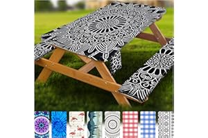WRAKUS Fitted Picnic Table Cover with Bench Covers Vinyl Waterproof Elastic Edges Fitted Rectangle Tables Patio Tablecloth Camping Gear and Essentials Rv Accessories Road Trip Supplies Car Travel Must Haves