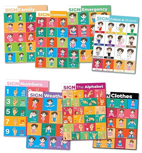 9 ASL American Sign Language Posters – Glossy Laminated