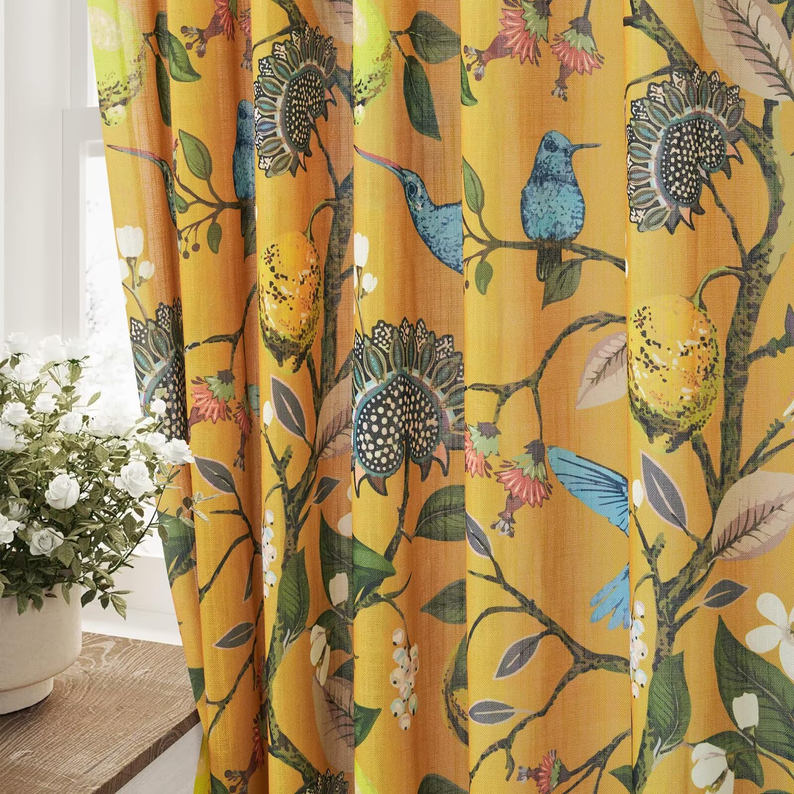 Photo 1 of ***GROMMET STYLE/ MEASUREMENTS ARENT CORRECT*** Drapenova Mustard Yellow Semi Sheer 80 inch Pleated Linen Blend Curtains Floral Hummingbird Lemon Drapes for Living Room Bedroom Farmhouse Cottagecore Window Treatments Light Filtering Deco 2 Panels