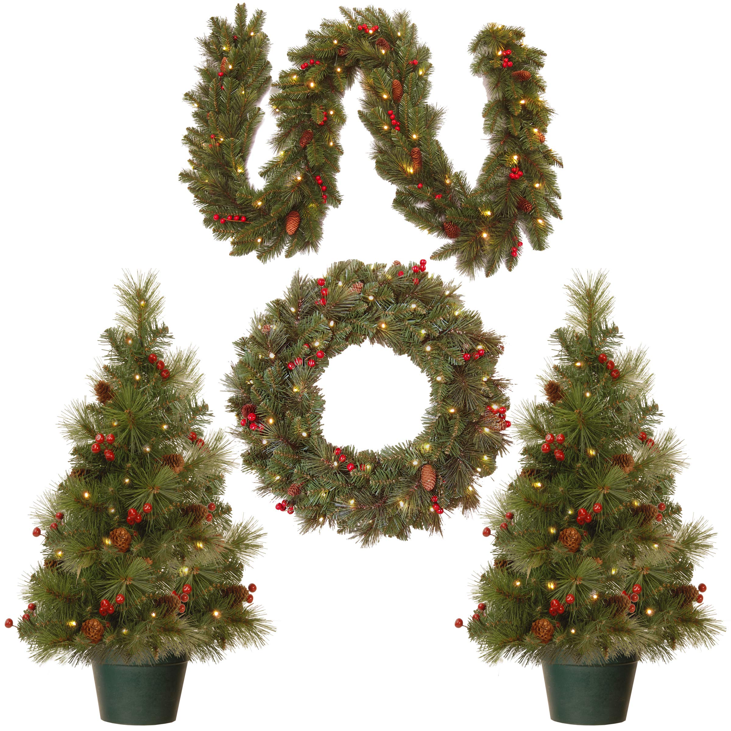 National Tree Company Pre-lit White LED Lights Holiday Christmas 4-Piece Set - Garland, Wreath and Set of 2 Entrance Trees