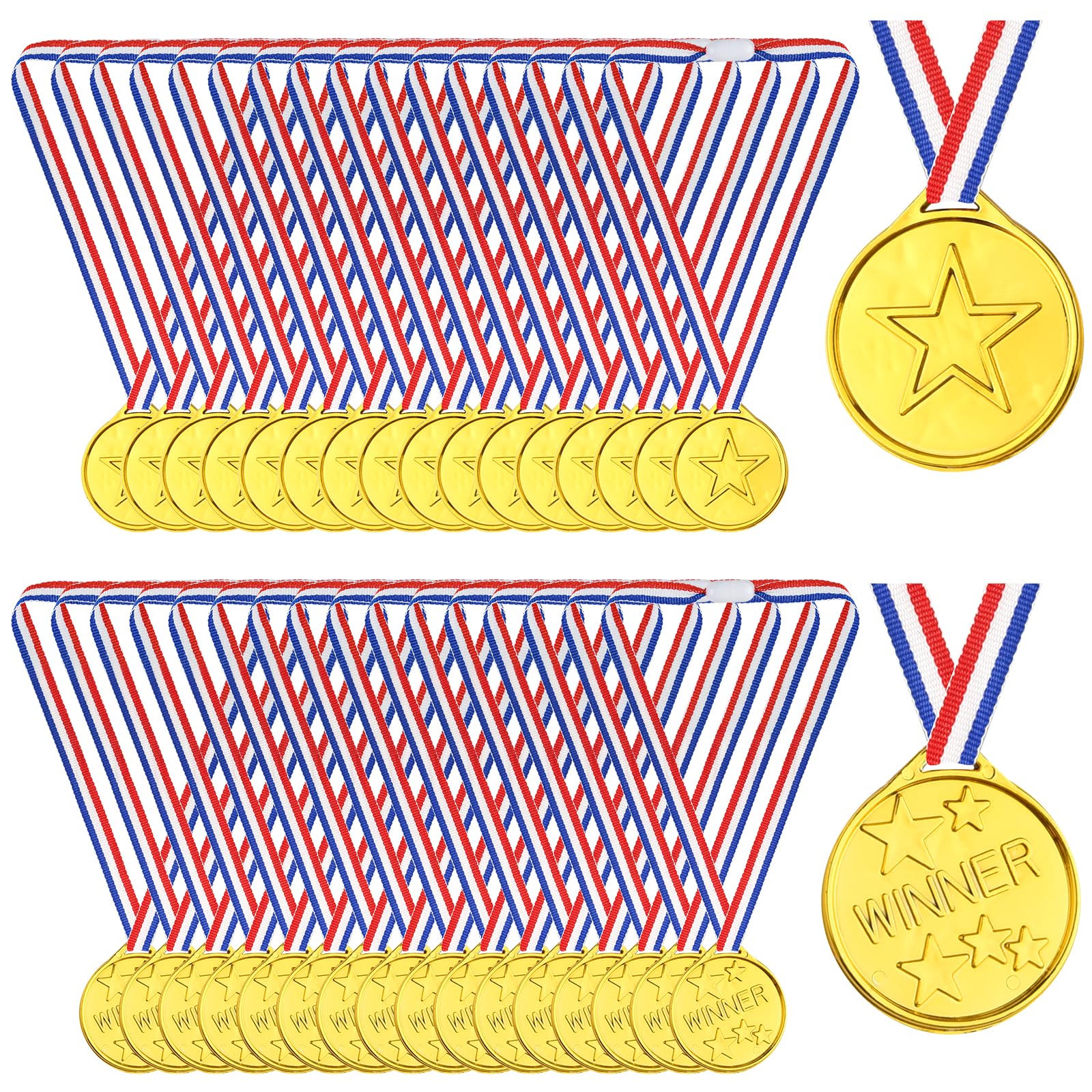 PLULON 60 Pcs Gold Medals for Kids, Plastic Winner Medals Award Gold Medal for Children with Neck Ribbons for School Sport Day Party Competitions (Gold)