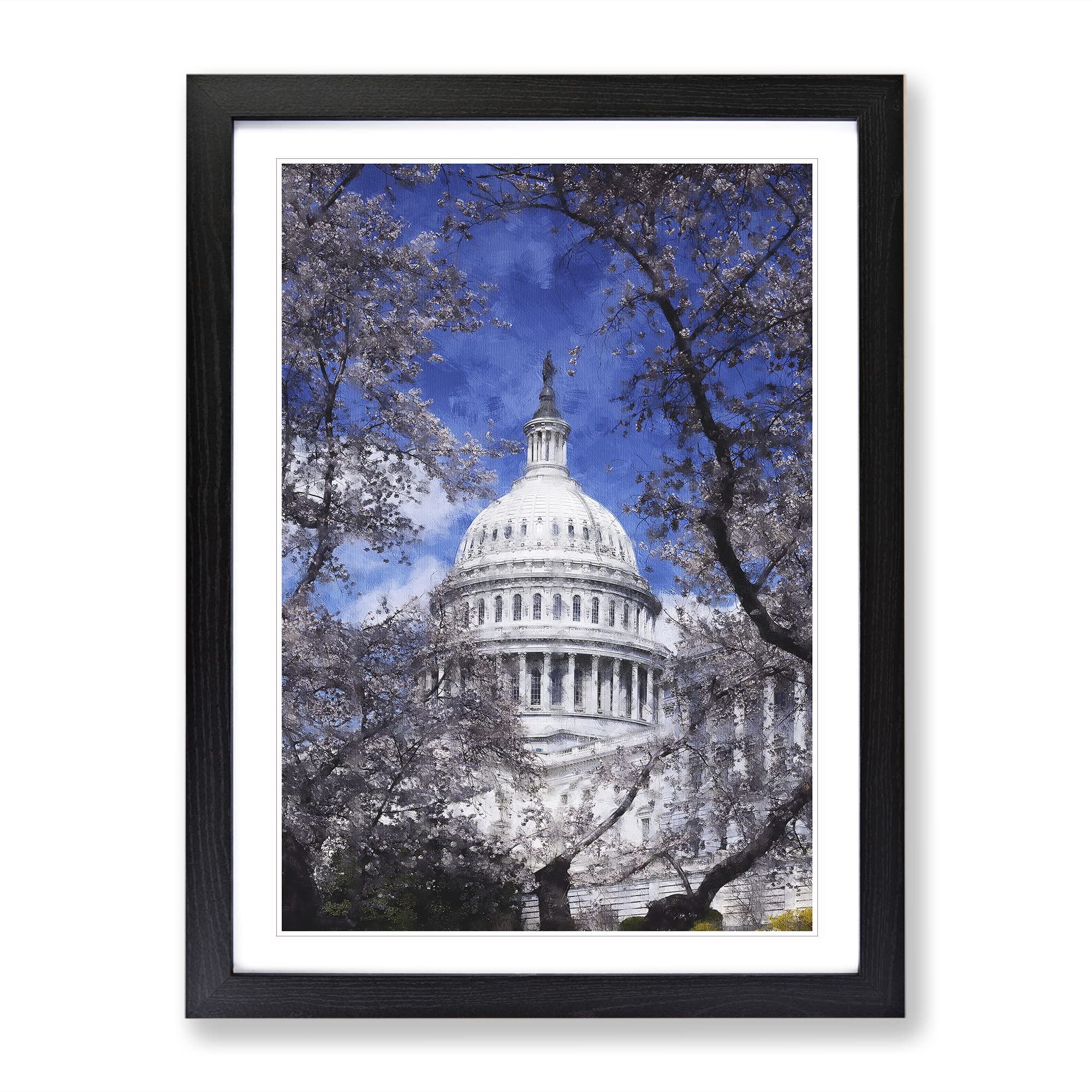 Capitol Hill & Cherry Blossom Tree Painting Modern Framed Wall Art Print, Ready to Hang Picture for Living Room Bedroom Home Office Décor, Black A3 (34 x 46 cm)