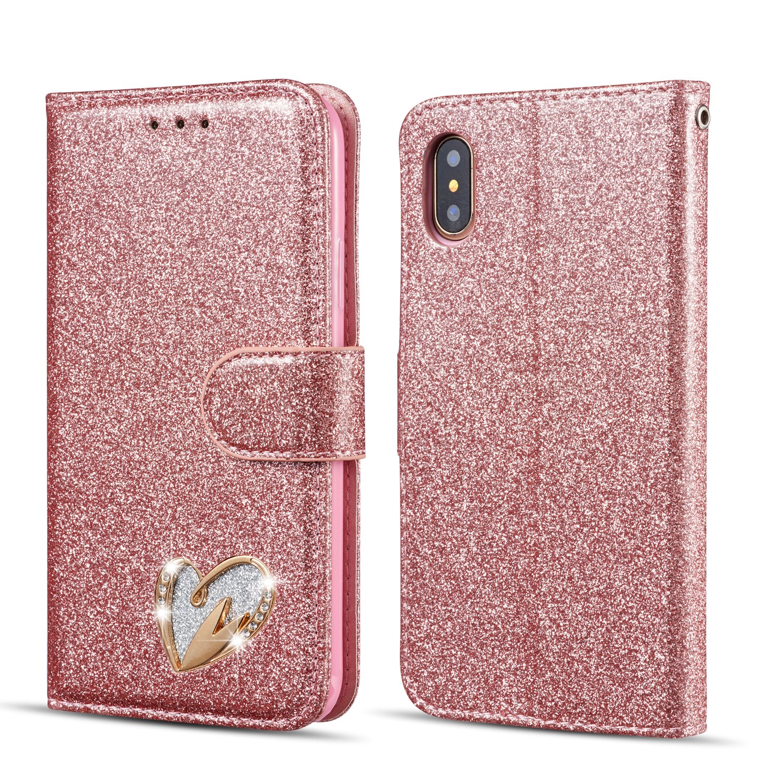 QLTYPRI Case for iPhone XR, Glitter Premium PU Leather TPU Bumper Card Holder [Wrist Strap] Wallet Case with Cute Inlaid Loving Heart Diamond Flip Cover for iPhone XR - Rose Gold