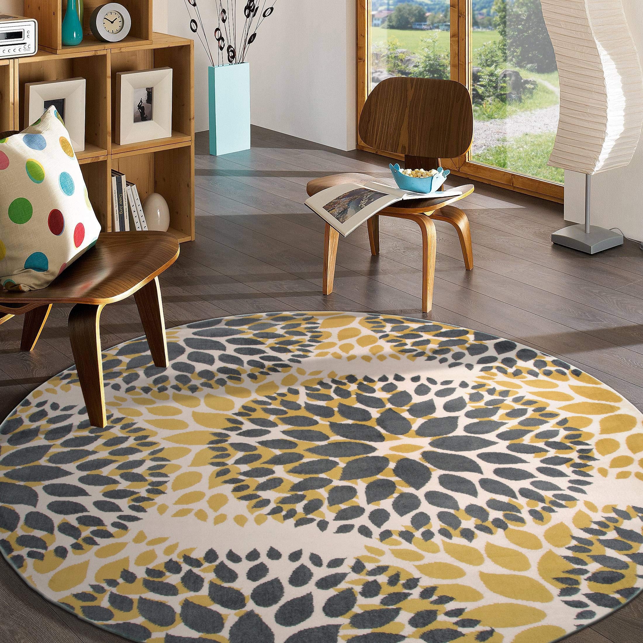 Modern Floral Circles Design Area Rugs 6' 6" Yellow (6' 6" Diameter)
