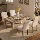 Modern Fort 5-Piece Farmhouse Dining Table Set for 4, 60" Rectangular Wood Dining Table with 4 Upholstered Chairs, Nailhead Trim, Kitchen Table with Chairs Set for Dining Room &amp; Breakfast Nook