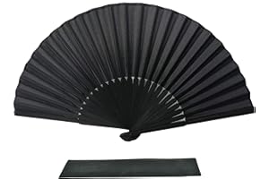 FANSOF.FANS Black Silk Fabric Folding Hand Held Fan with a Pouch Bamboo Ribs Chinese Vintage Handheld Girls Women Wedding Party Favour Gift (Simple Black)