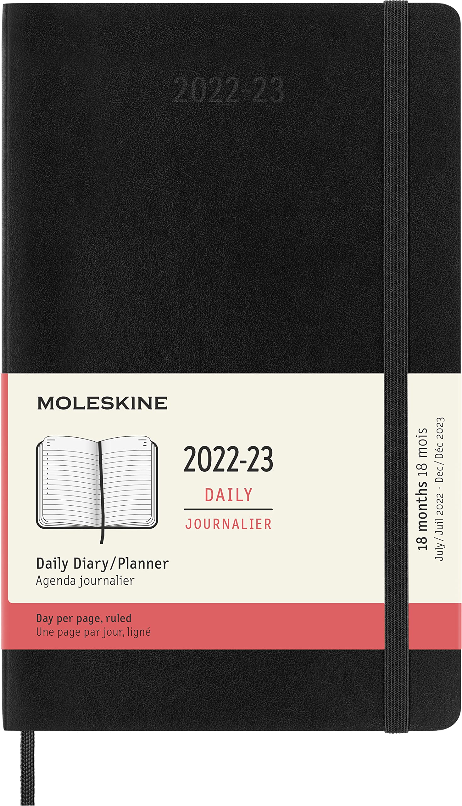 Moleskine - 18-Month Daily Planner/Diary, Planner 2022/2023, Daily Planner with Soft Cover and Elastic Closure, Size Large 13 x 21 cm, Colour Black