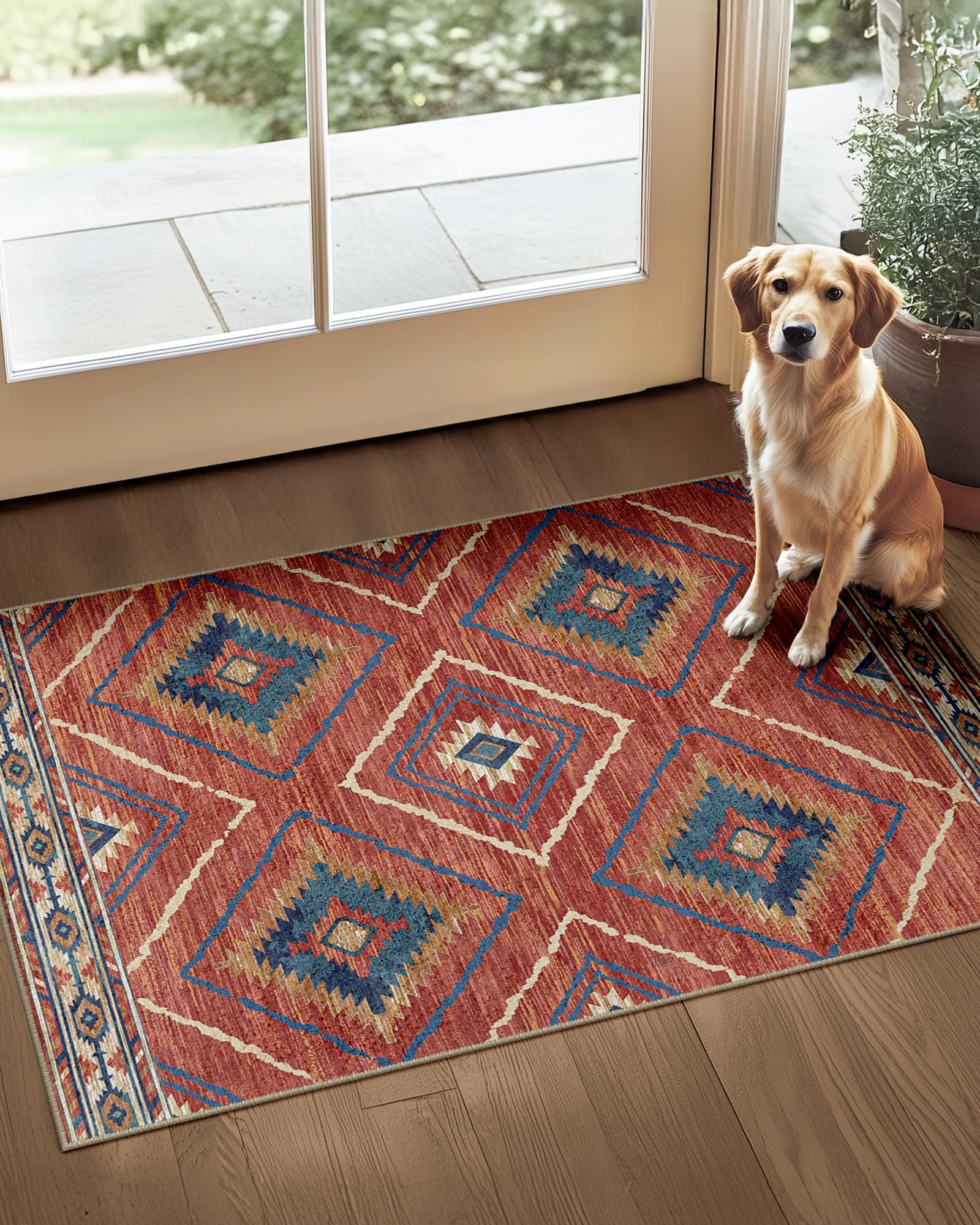 Photo 1 of Area Rug 2x3 Rug Machine Washable Non-Slip Low Pile Print Pattern Western Rug for Living Room Bedroom Entryway Tribal Series -Red/Orange