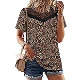 WIHOLL Womens Tops Short Sleeve Lace Shirts Summer Spring Tops Boho Trendy Beach Vacation Clothes Loose Fit