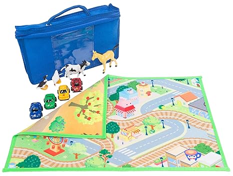 HOK Spielfläche Doppelseitig to Go mit 4 Autos und 4 Tieren und Reisetasche