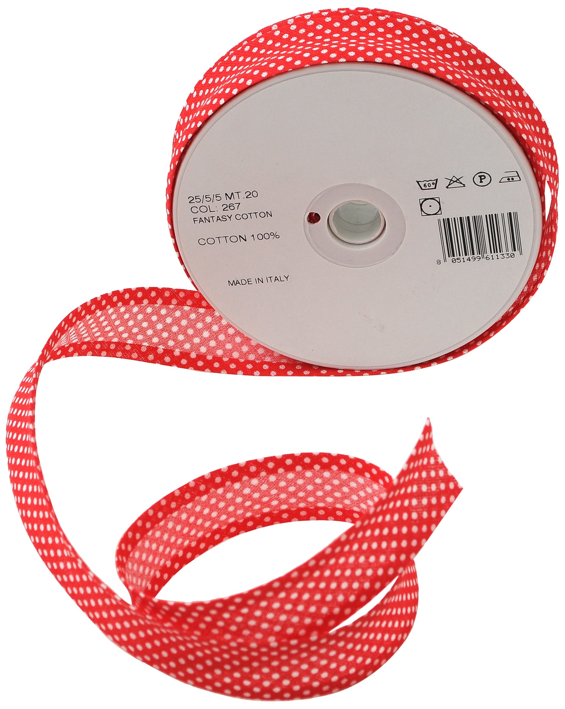Inastri 25/ 5/ 5 mm Cotton Bias Binding in Red Polka White 267