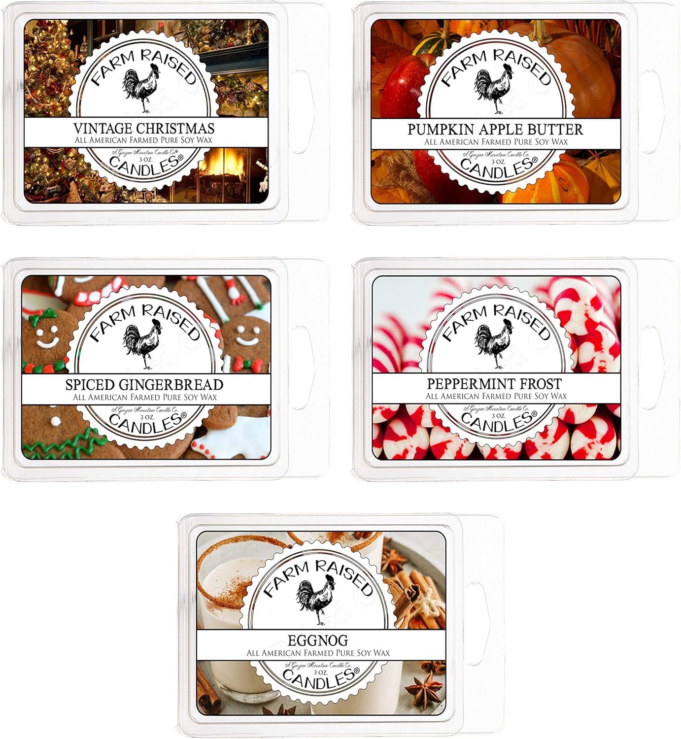 Cool Weather Variety Assortment 5 Pack (15 Ounces). USA Hand-Made Scented Wax Melts.100% All Natural Farm Raised Candles Soy Wax Made Paraffin-Free. Apple Butter,Egg Nog,Vintage Christmas,Gingerbread
