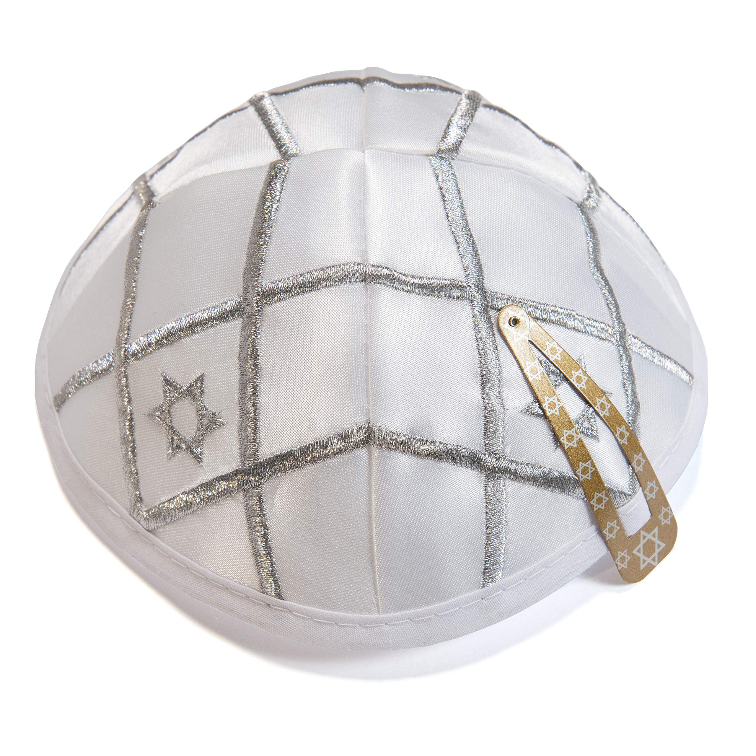 JL Kippha's Satin 20cm White Silver Israel Magen David Kippah Jewish Cap Judaica Yarmulke Gift