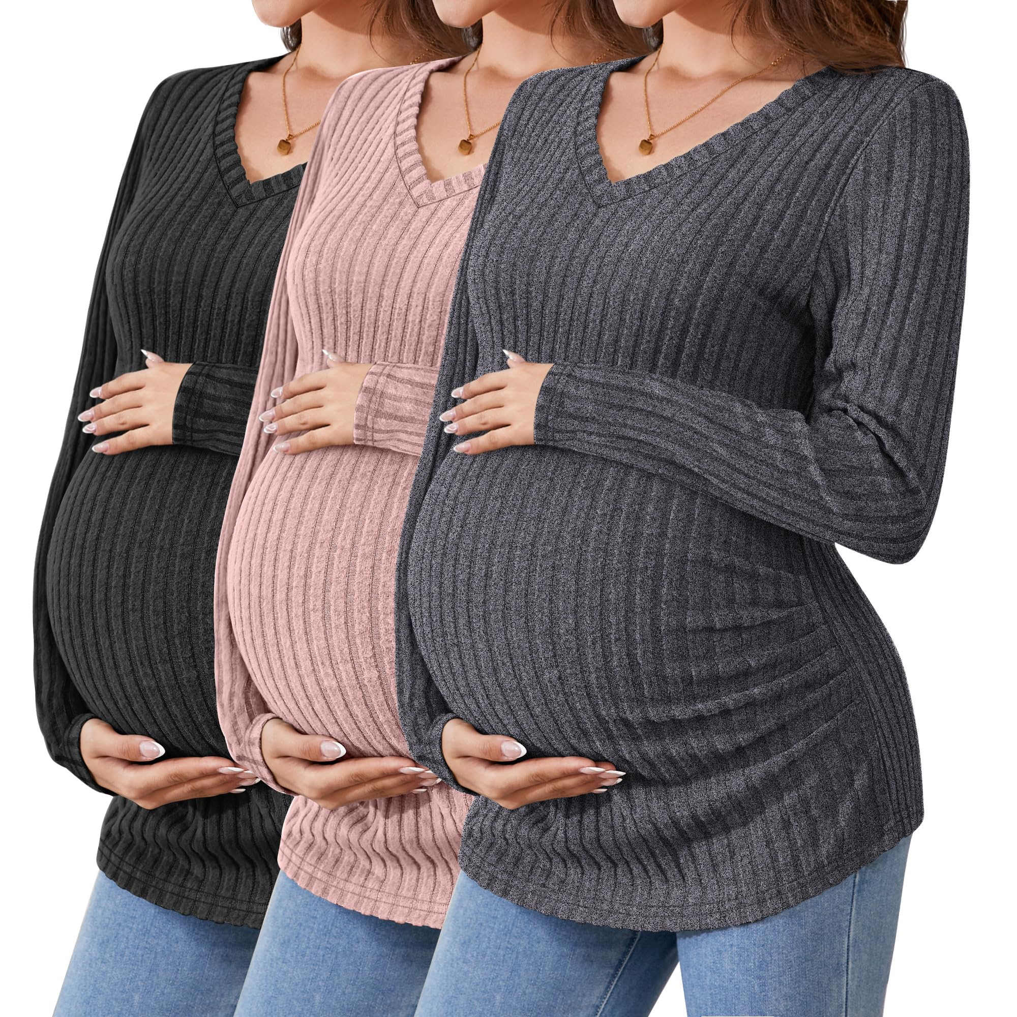 Photo 1 of Ficerd 3 Pack Women's Maternity Shirts Ribbed Long Sleeve Pregnancy Tops V Neck Knit Side Ruched Pregnant Clothes Sweater(Dark Grey, Pink, Black,XXL)