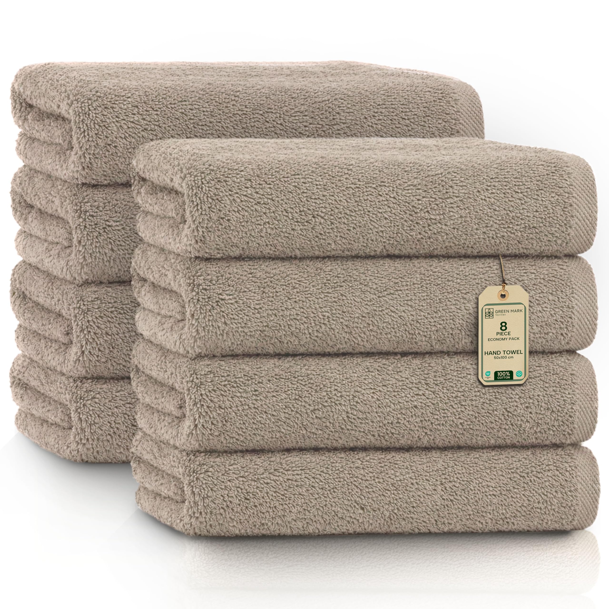 GREEN MARK Hand Towels - Set of 8 – 100% Cotton, Soft & Absorbent, Premium Quality for Bathroom, Spa and Gym, 50 × 100 cm, Sand/Beige