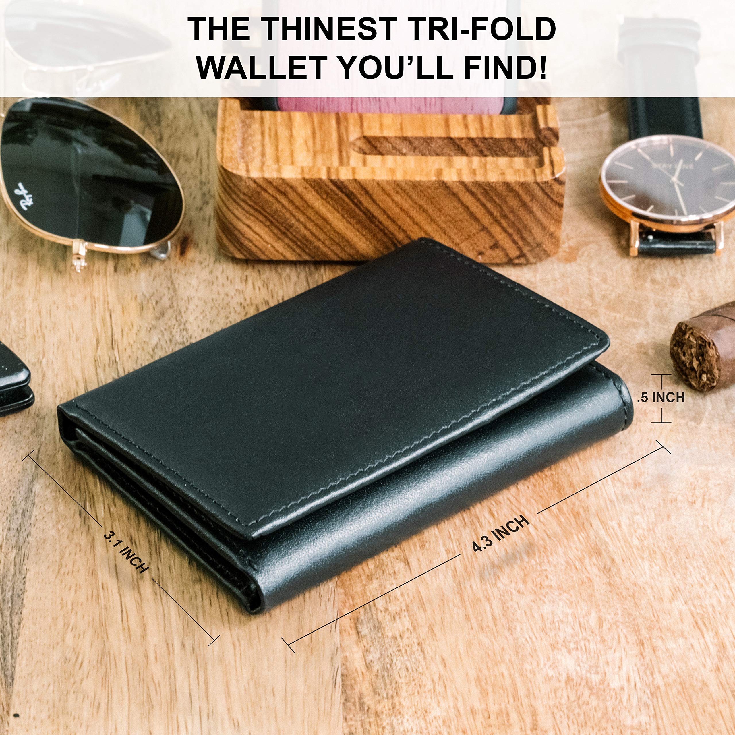 Top Grain Leather Trifold Wallet for Men | Ultra Strong Stitching | Handcrafted Argentinian Leather | RFID Blocking | Extra Capacity Trifold Wallet |Thin and Sophisticated Tri-Fold Design