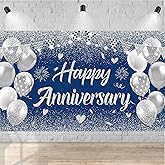 Blue Silver Happy Wedding Anniversary Banner for 5 10 15 20 25 30 40 50 for Couple, Happy Anniversary Decorations, Surprise for Parents Cheers to Wedding Supplies 71x43in