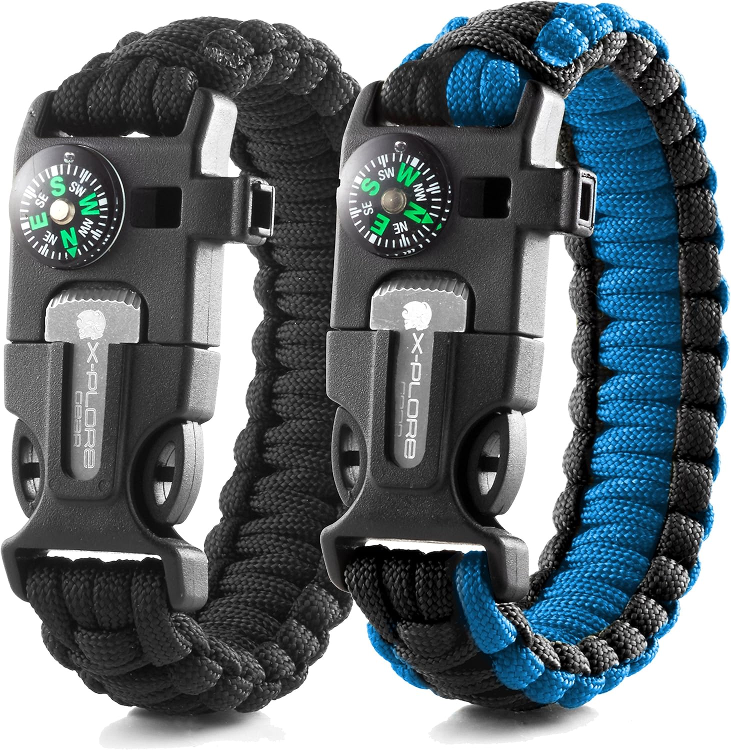 X-Plore Gear Emergency Paracord Bracelets | Set of 2| The Ultimate Tactical Survival Gear| Flint Fire Starter, Whistle, Compass & Scraper | Best Wilderness Survival-Kit - Black(R)/Blue(R) : Sports & Outdoors
