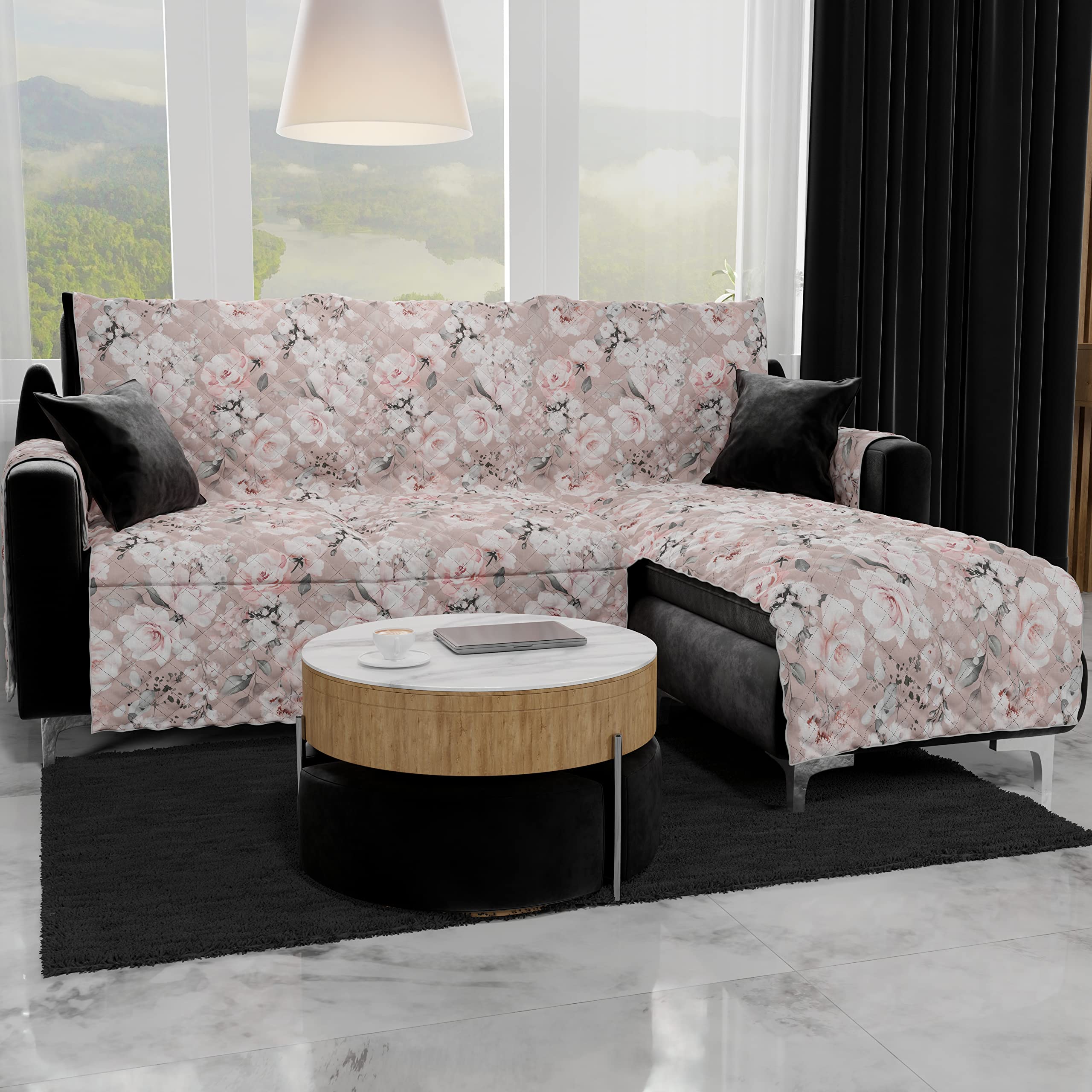 PETTI Artigiani Italiani - Corner Sofa Cover, Sofa Cover with Peninsula, 4 Seater Sofa Cover with Right Island, Sofa Cover with Chaise Longue, Flowers Powder, 100% Made in Italy