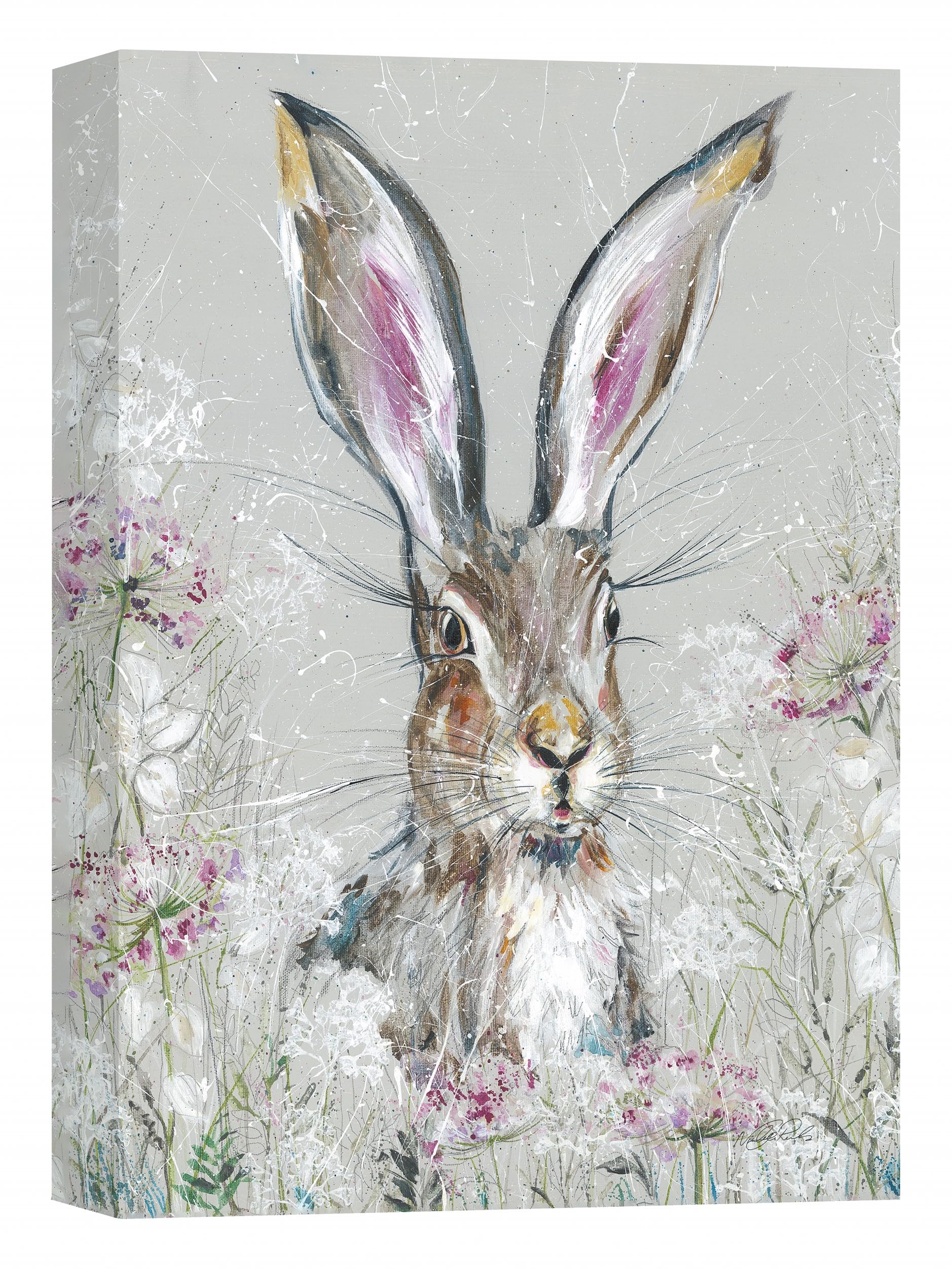 Artko Hare & Flowers Canvas Wall Art - 'Hope' by Nicola Jane Rowles - Artistic Animal Print - Ready to Hang Home Décor - 40cm x 30cm