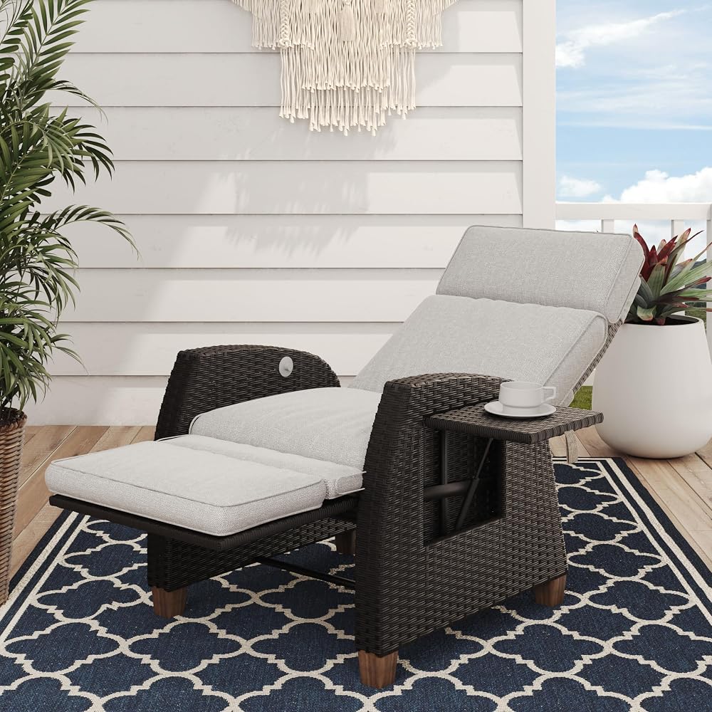 Grand patio Recliner Sun Lounger with Flip Table Beige Cushions Brown Wicker