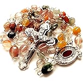 elegantmedical Handmade Natural Quartz Rutilated Beads Rosary Cross Catholic Necklace Gift Box