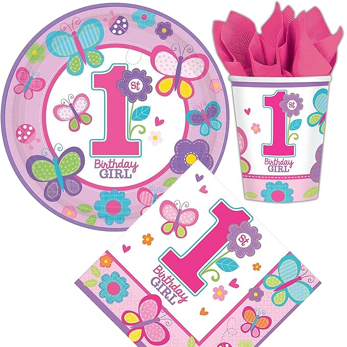 1st Birthday Girl Paper Plates + Napkins + Paper Cups for Children's