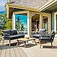 IDZO Serene Patio Conversation Sets, 800lbs Capacity FSC Certified Acacia Wood Outdoor Furniture with 3.9in Thick Soft Cushions, 4 Pieces Modern Rope_Obsidian