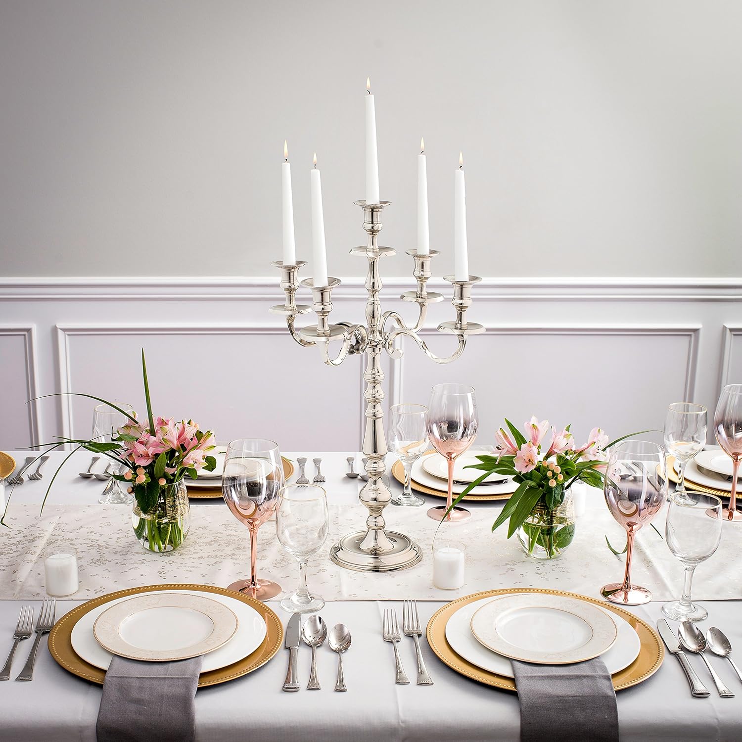 Klikel Traditional 16 Inch Silver 5 Candle Candelabra - Classic Elegant Design - Wedding, Dinner Party And Formal Event Centerpiece - Nickel Plated Aluminum, Mirrored Finish: Kitchen & Dining