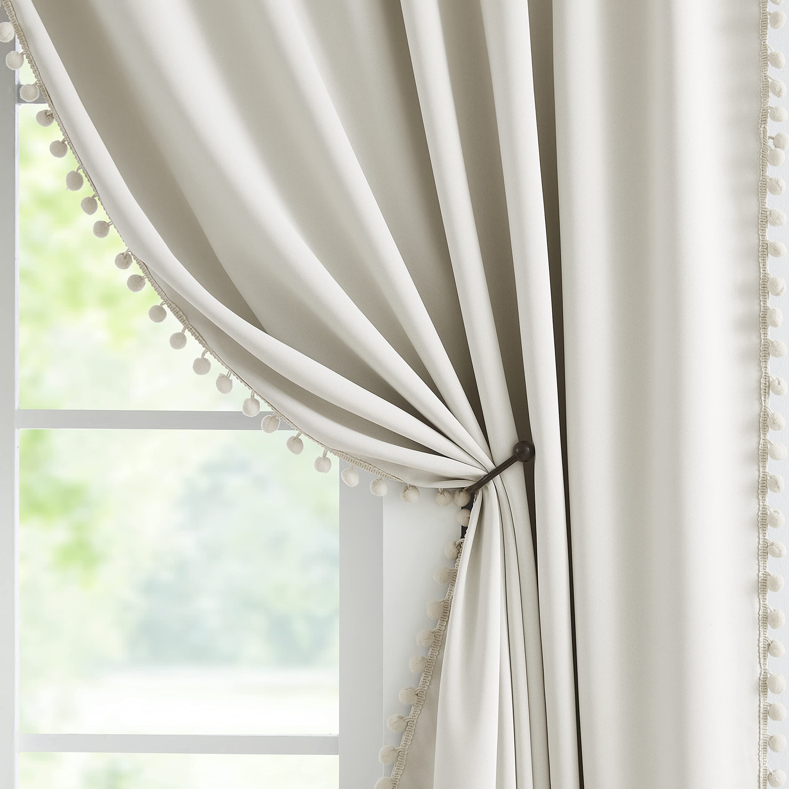 Photo 1 of Jubilantex Pom Pom Beige Blackout Curtains 84 inches Long 2 Panels Triple Weave Window Treatments for Girls Bedroom and Living Room,52" x 84",Grommet
