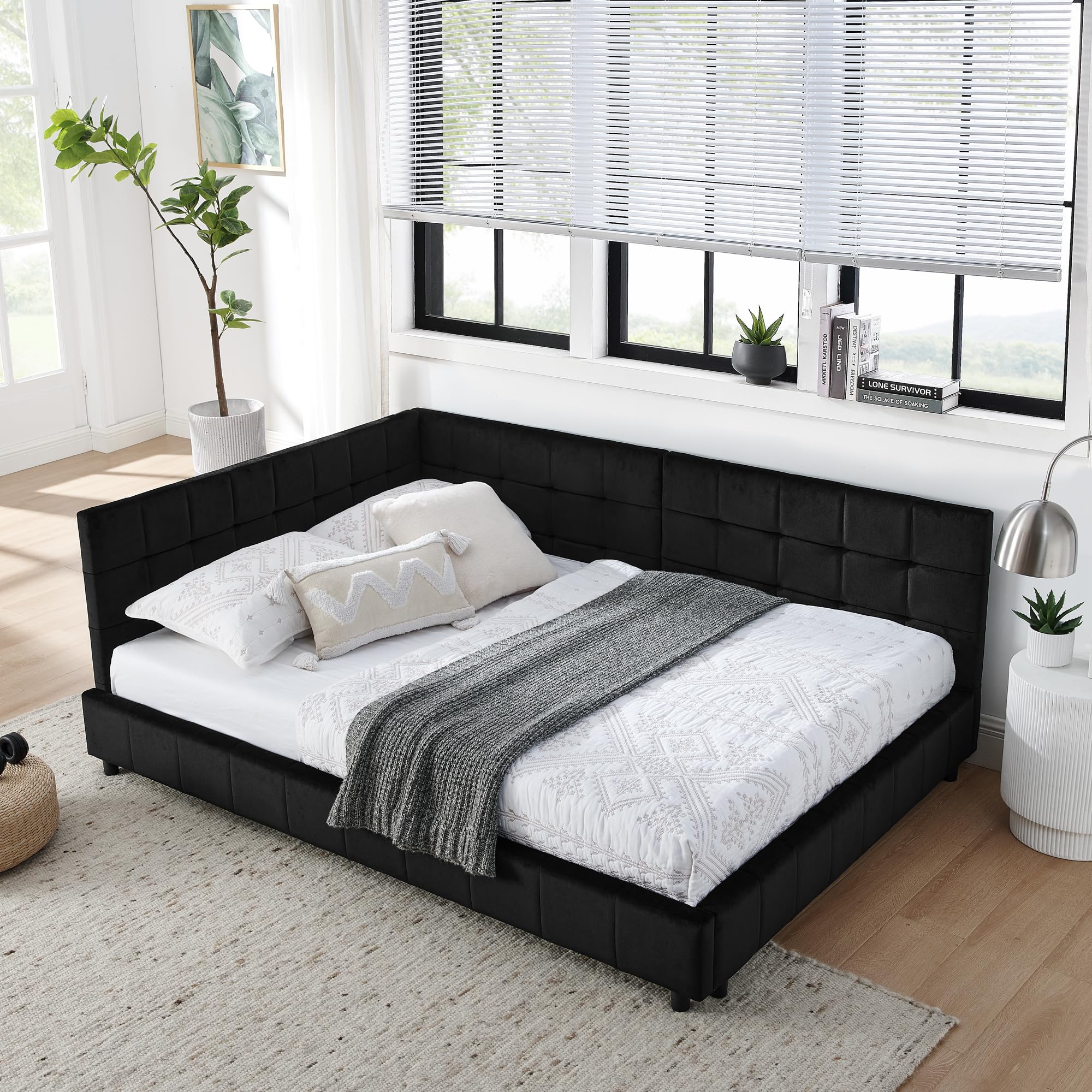 Photo 1 of ***PARTIAL SET (BOX A) - PRICE ADJUSTED | TRUCK/TRAILER PICKUP ONLY*** Bellemave Full Size Corner Bed Frame with Comfortable Backrest and Armrests, Velvet Tufted Corner Bed Frame Full Size, Upholstered Daybed for Bedroom, Living Room, Guest Room, Black