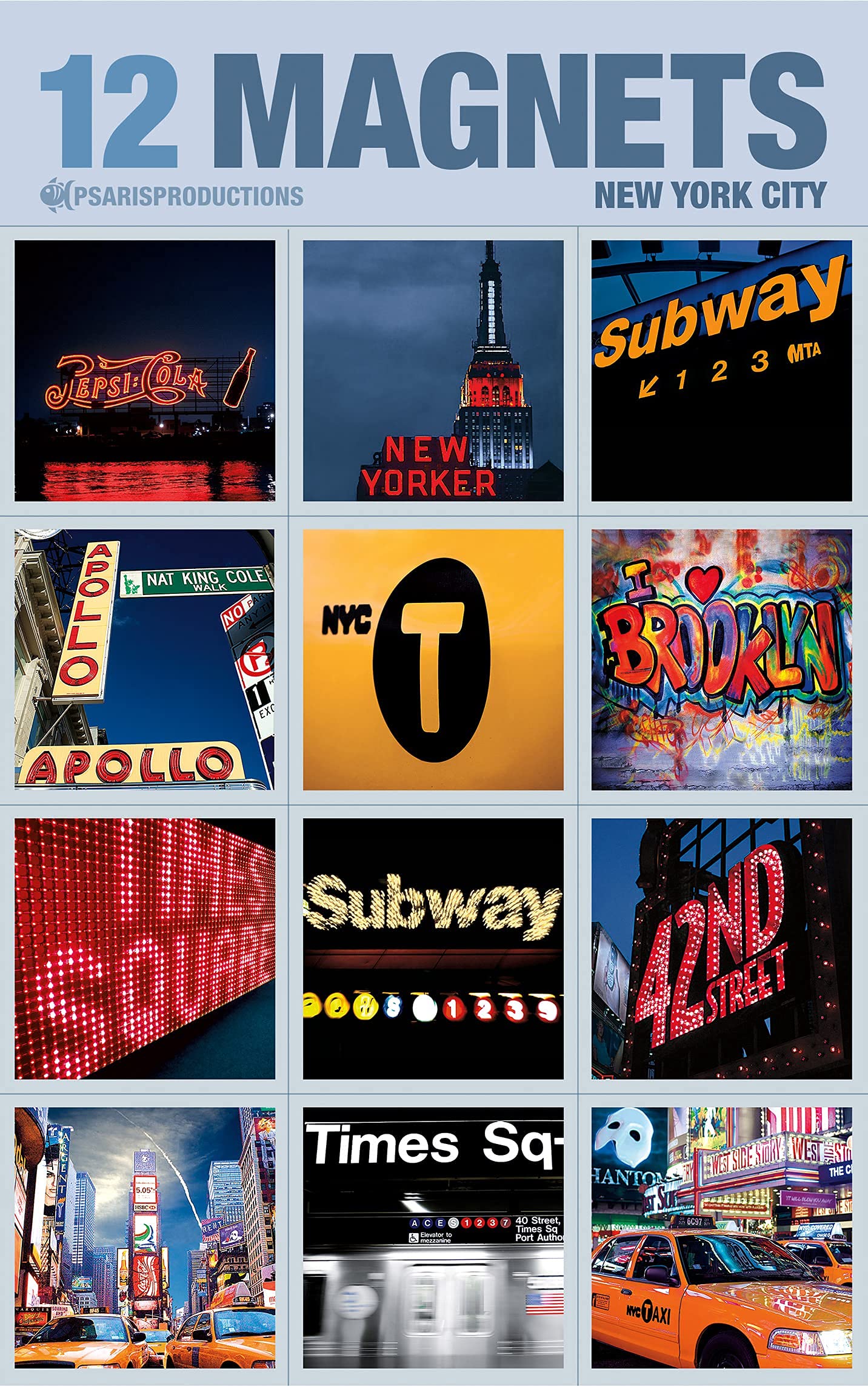 New York Magnets for Refrigerator - Set of 12 in Elegant Packaging. Style 12S-1. Made in USA