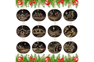 Soaoo 60 Pcs Nativity Scene Christmas Tree Ornament Christian Religious Ornaments Bulk Round Nativity Xmas Tree Hanging Wooden Decorations for Garden Yard Outdoor Home (Regular Style)