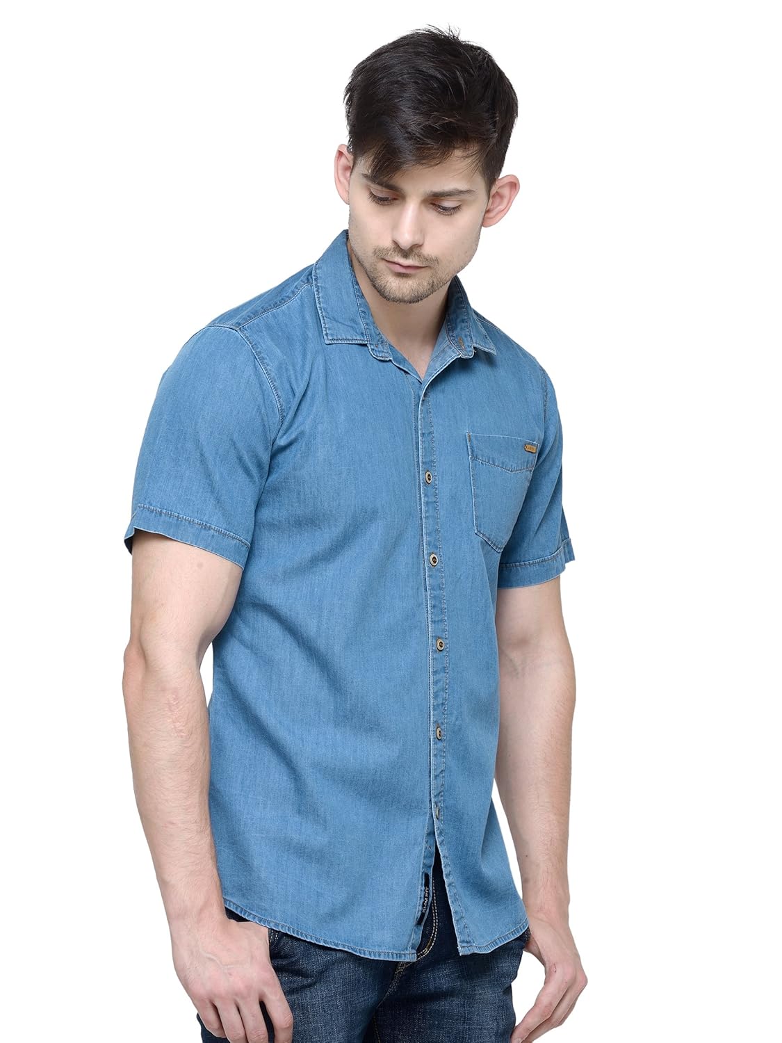 la seven blue solid half sleeves slimfit denim casual shirt