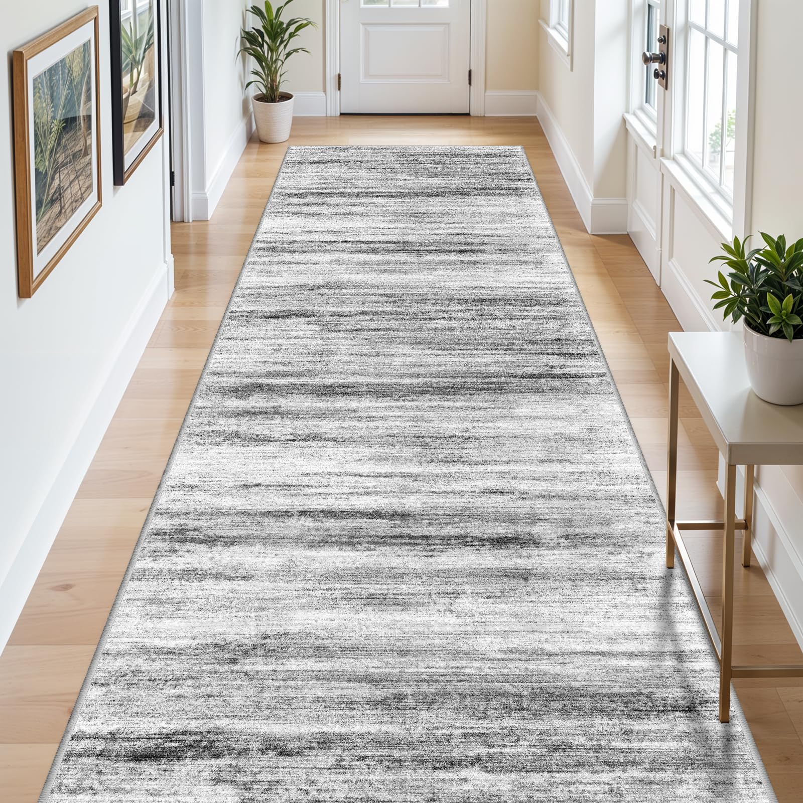 4x10 Wide Washable Runner Rug: Easy-to-Clean Runners for Hallway Entryway Kitchen Bedroom Living Room - Stain and Water Resistant Rugs with Non-Slip Backing - Soft Low-Pile Carpet Grey Image